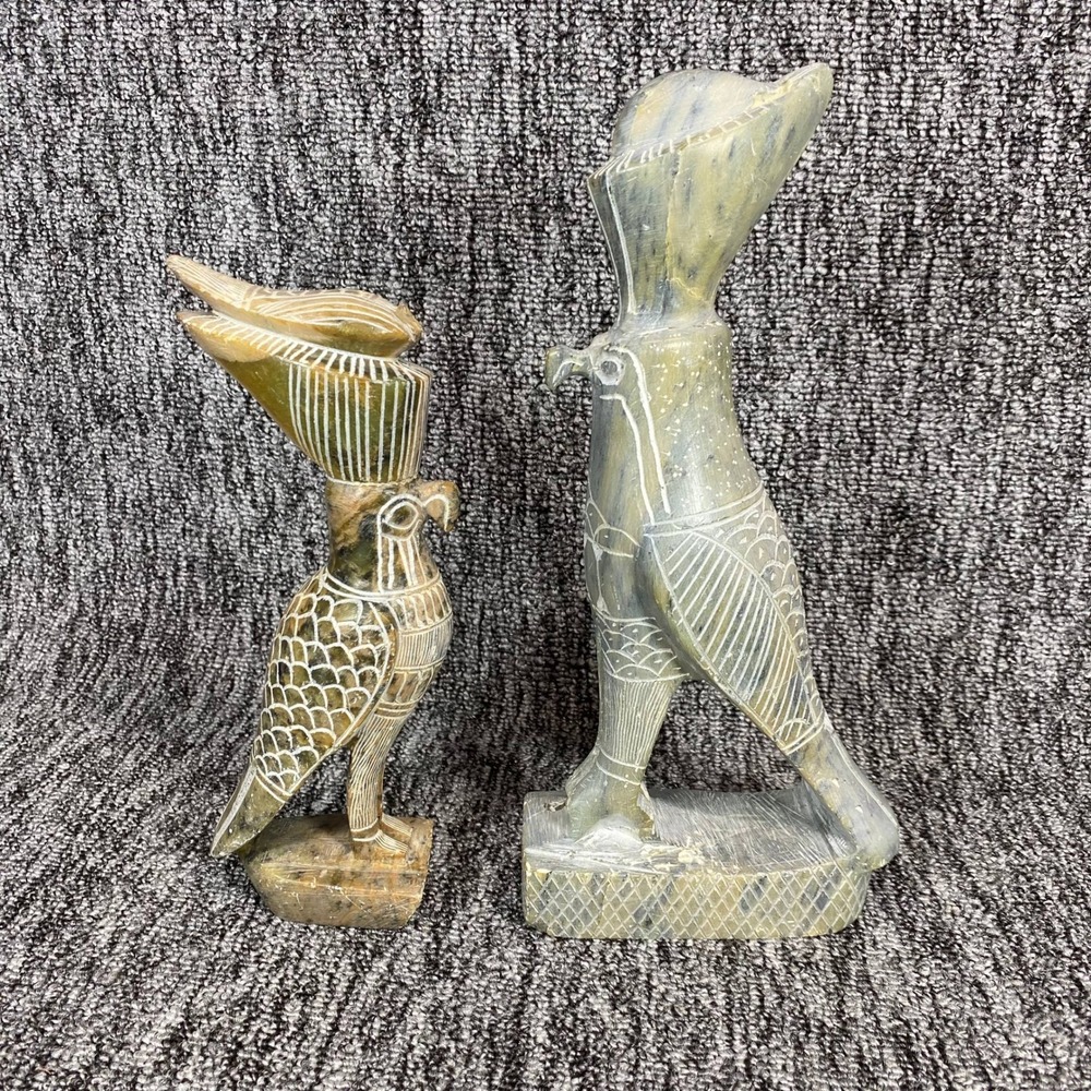 VTG Hand Carved Stone Horus Falcon Statues Pair Egyptian Sculpture Figurine Set